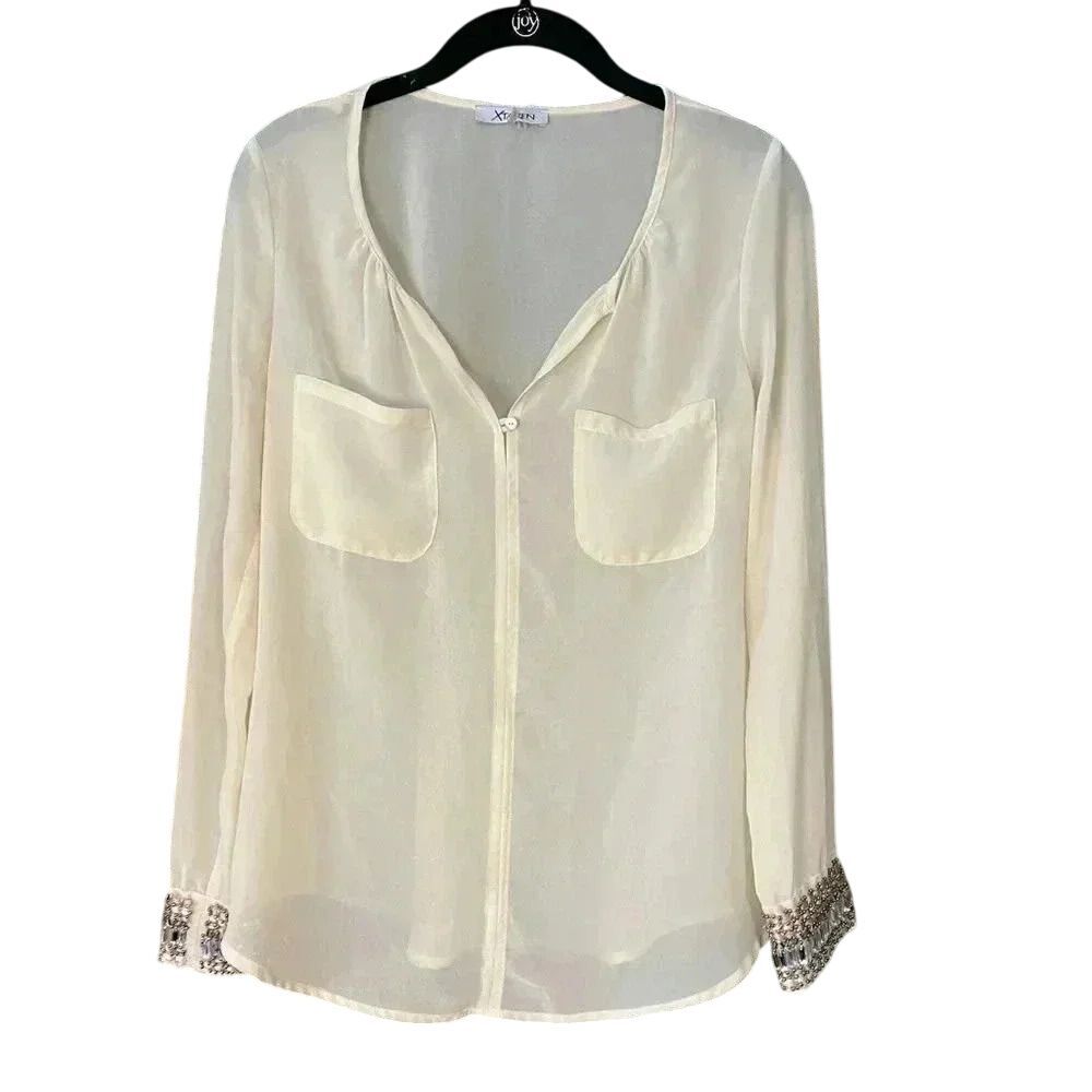 Xfaren Elegant Cream Blouse with Sequined Cuffs Long‎ Sleeve Zip-Front Top